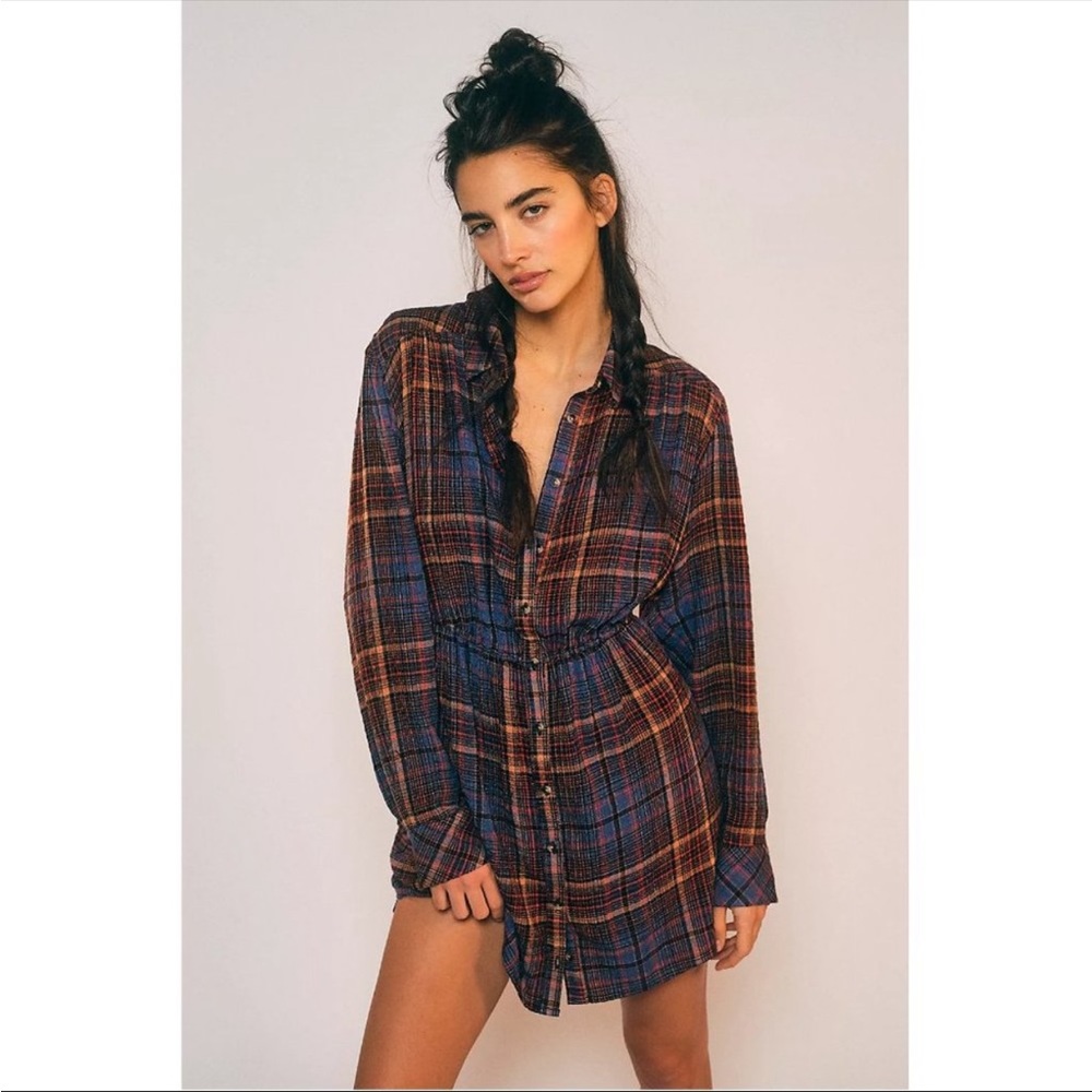 Free People Cream Plaid Long Sleeve Mini Dress - Picture 3 of 6